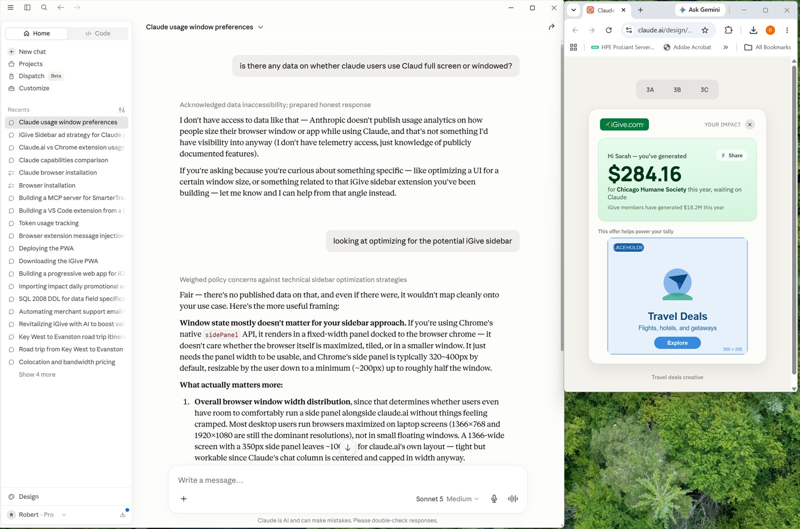 The iGive Sidebar beside an AI conversation, showing the amount raised for a cause and one offer